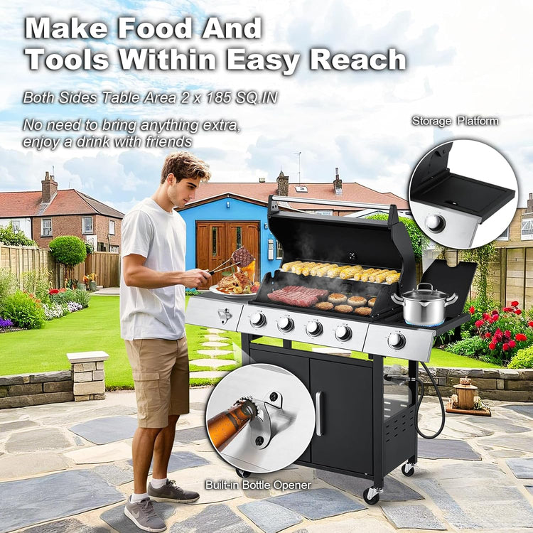 Upgraded 4 Burner BBQ Propane Gas Grill with Cast Iron Grates & Side Stove, 44,000 BTU Stainless Steel Burner Barbecue Grill for Patio, Camping