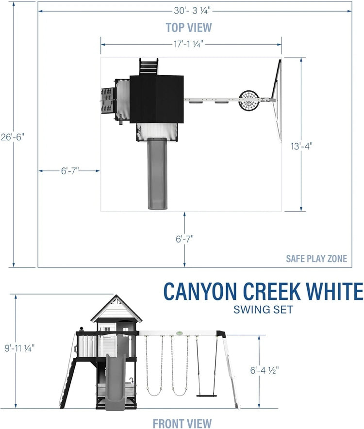 Canyon Creek Cedar Wood Swing Set with Wave Slide, Clubhouse, Play Kitchen, Picnic Area, Belt Swings, Web Swing, Rock Wall, Balconies, Playhouse