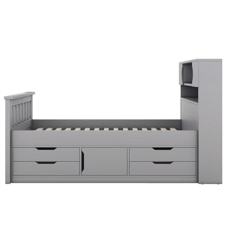 Twin/Full Size Captain Platform Bed with 4 Drawers and Storage Shelves, Solid Wood Bed Frame with Storage Bookcase Headboard