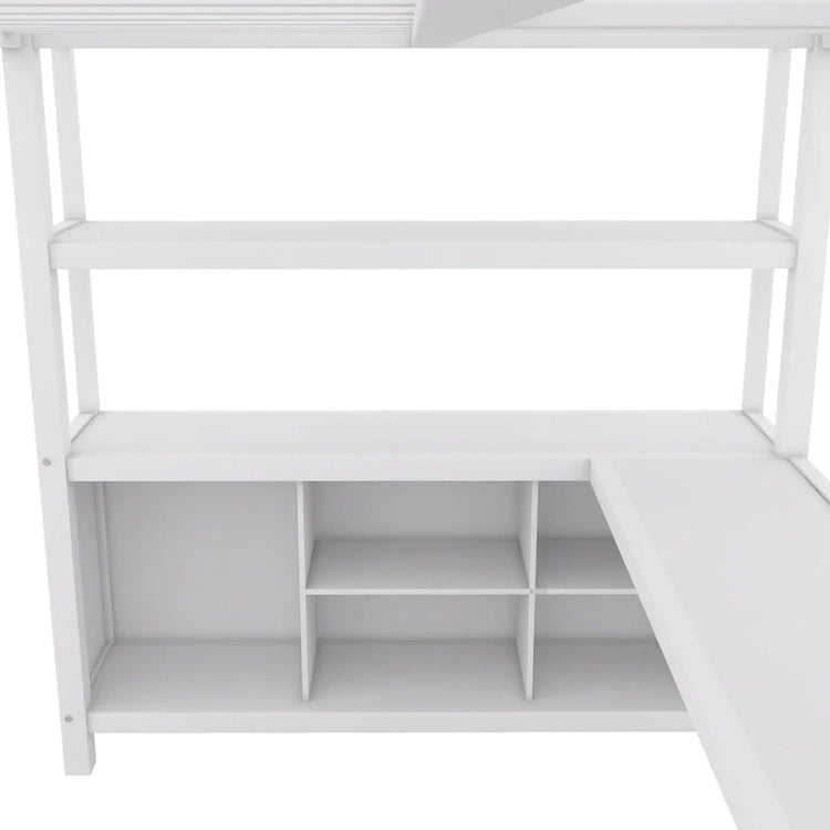 Off-White Metal Loft Bed with Desk and Wardrobe - Full Size