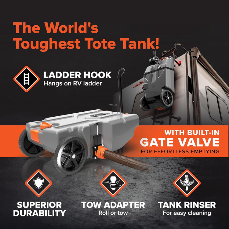 36-Gallon Portable Camper/RV Tote Tank - Features Large Heavy-Duty No-Flat Wheels & Built-in Gate Valve - Removable Steel Tow Adapter