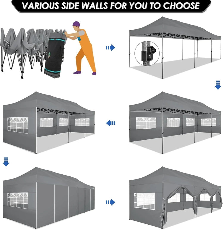 Cobizi 10x20 Heavy Duty Pop up Canopy Tent with 6 Sidewalls Easy up Commercial Outdoor Canopy Wedding Party Tents