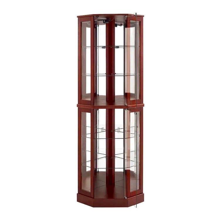 6 Shelf Corner Curio Display Cabinet with Lights, Mirrors and Adjustable Shelves, Cherry