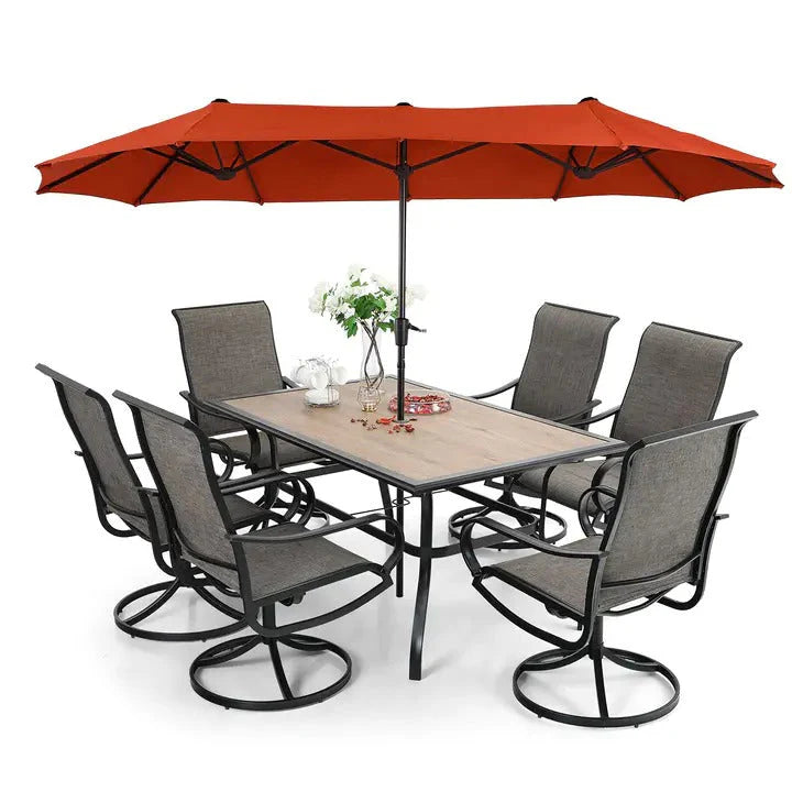 8 Pieces Patio Dining Set with Umbrella, Outdoor Furniture Set with 6 Sling Dining Swivel Chairs