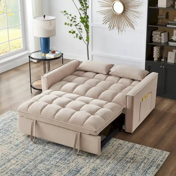 4 in1 Loveseat Sofa Bed with Armrests & Storage Pockets, Multi-Function Tufted Pull-Out Sofa Bed with Adjustable Backrest