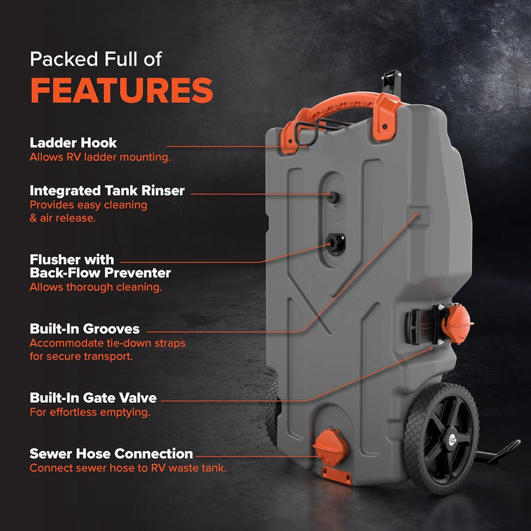 36-Gallon Portable Camper/RV Tote Tank - Features Large Heavy-Duty No-Flat Wheels & Built-in Gate Valve - Removable Steel Tow Adapter