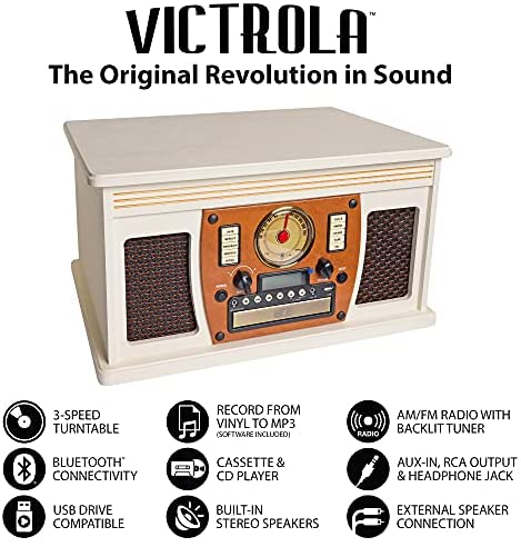 Victrola 8-in-1 Bluetooth Record Player & Multimedia Center, Built-in Stereo Speakers - Turntable, Wireless Music Streaming
