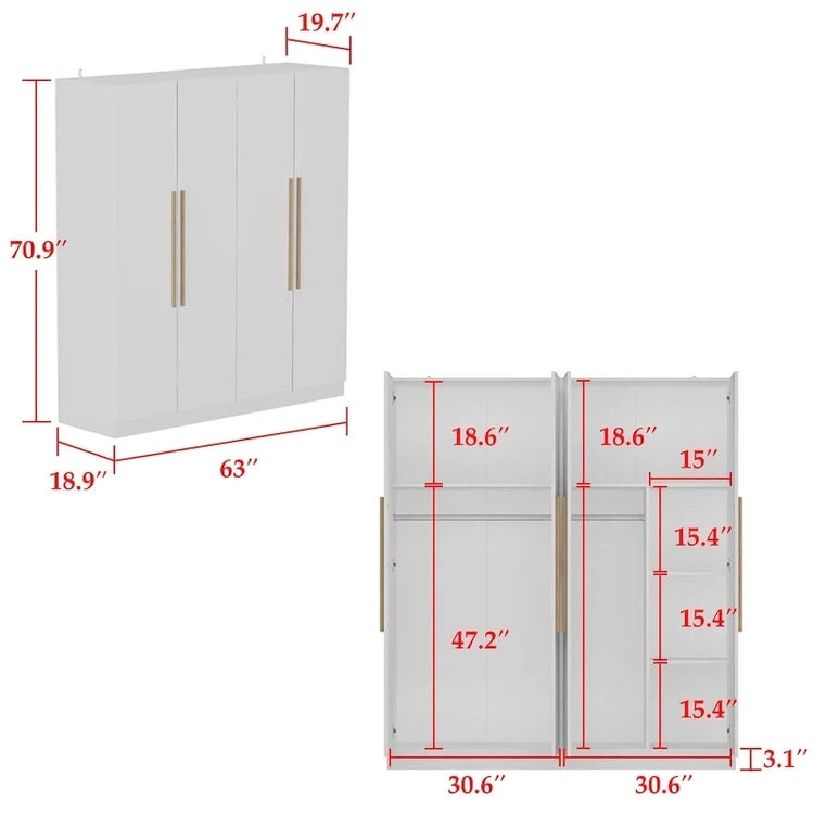 Modern Freestanding Solid Wood Wardrobe Closet with Storage Shelves