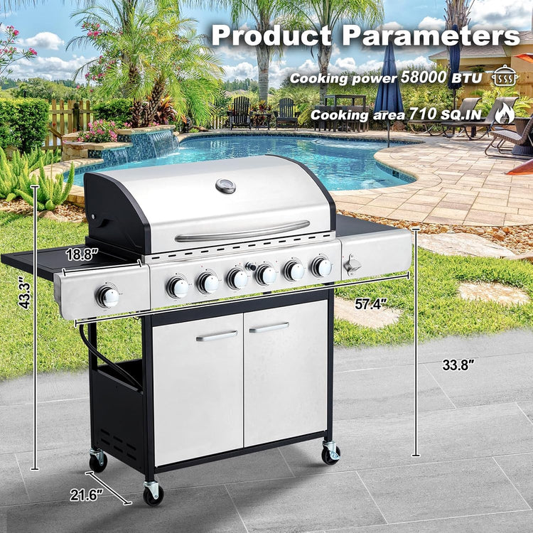 Upgraded 4 Burner BBQ Propane Gas Grill with Cast Iron Grates & Side Stove, 44,000 BTU Stainless Steel Burner Barbecue Grill for Patio, Camping