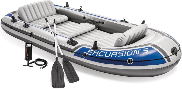 Excursion Inflatable Boat Series, Includes Deluxe 54in Boat Oars and High-Output Pump - Supertough PVC - Adjustable Seats with Backrest