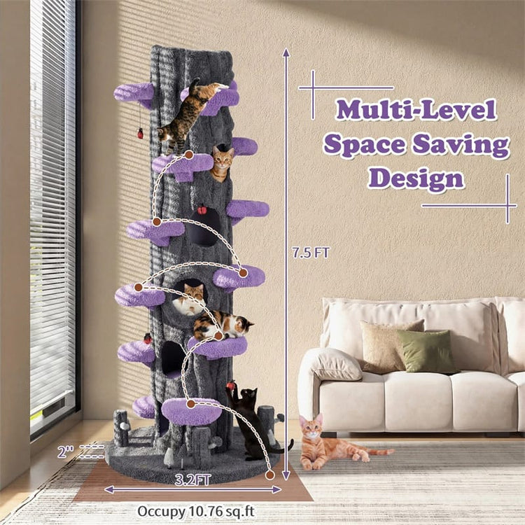 90.5" Tall Simulation Cat Tree, Modern Realistic Multi-Level Cat Tower w/5 Condos & Sisal Scratch Pad, Large Lifelike Indoor Cat Tree