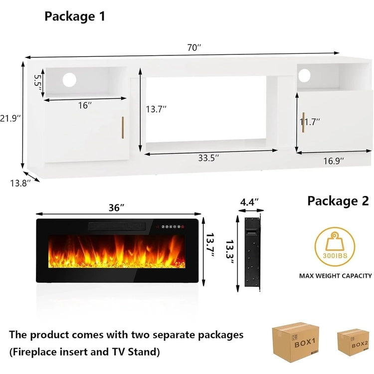 Bossin 70 Fireplace TV Stand with 36 Electric Fireplace, TV Stand for Tvs up to 80,16 Colors LED Lights/Entertainment Center