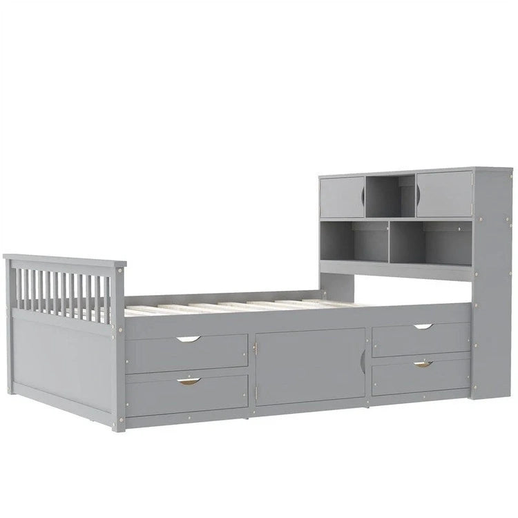 Twin/Full Size Captain Platform Bed with 4 Drawers and Storage Shelves, Solid Wood Bed Frame with Storage Bookcase Headboard