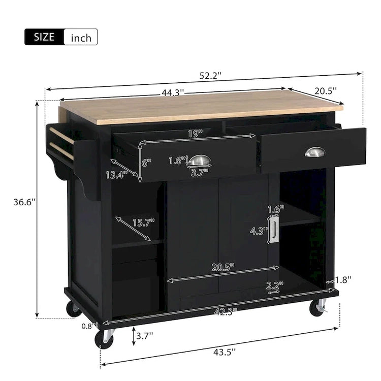 Kitchen Cart with Rubber Wood Drop-Leaf Countertop, Concealed Sliding Barn Door Adjustable Height, Kitchen Island on 4 Wheels