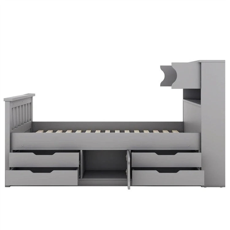 Twin/Full Size Captain Platform Bed with 4 Drawers and Storage Shelves, Solid Wood Bed Frame with Storage Bookcase Headboard