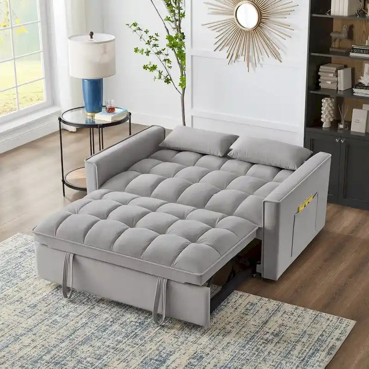 4 in1 Loveseat Sofa Bed with Armrests & Storage Pockets, Multi-Function Tufted Pull-Out Sofa Bed with Adjustable Backrest