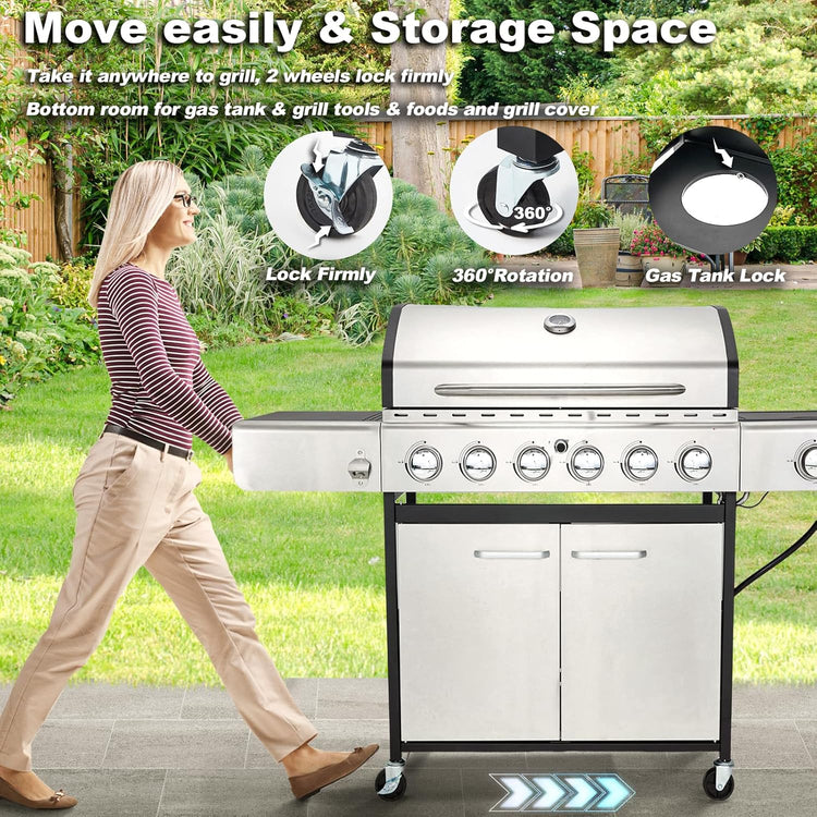 Upgraded 4 Burner BBQ Propane Gas Grill with Cast Iron Grates & Side Stove, 44,000 BTU Stainless Steel Burner Barbecue Grill for Patio, Camping