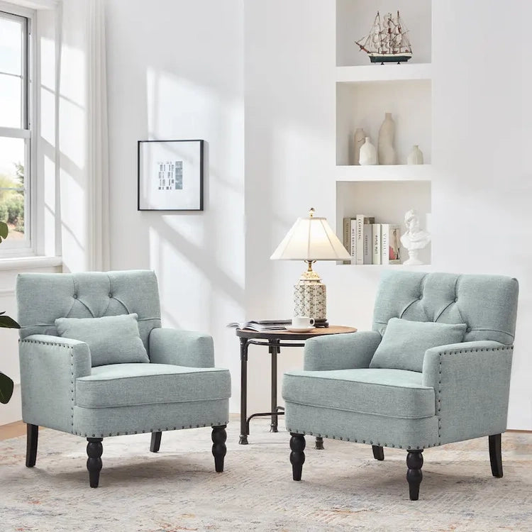 Set of 2 Arm Chair Upholstered Button Tufted Accent Chair with Lumbar Pillow Beige/Grey/Light Blue