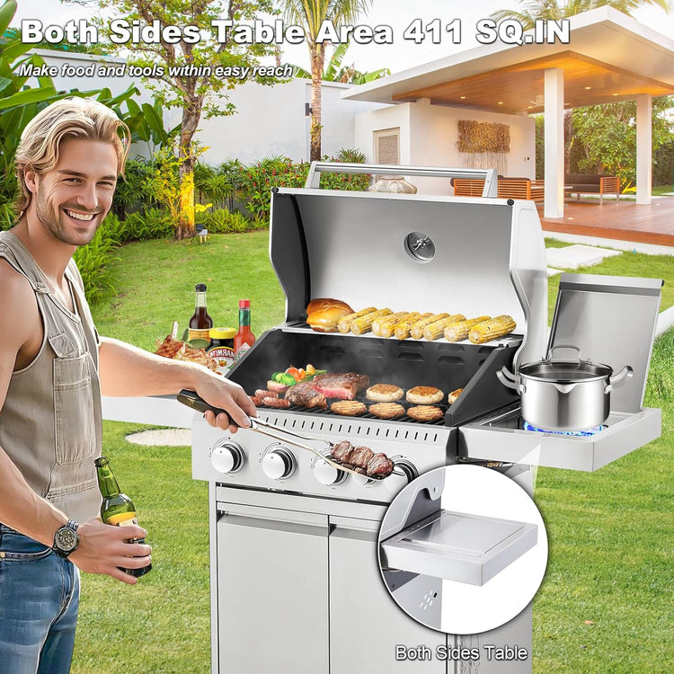 Upgraded 4 Burner BBQ Propane Gas Grill with Cast Iron Grates & Side Stove, 44,000 BTU Stainless Steel Burner Barbecue Grill for Patio, Camping