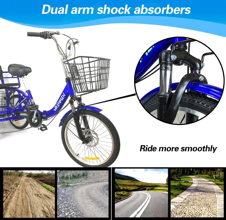 Tricycle 7 Speed, 20 Inch 3 Wheel Bikes Folding Tricycle for Adults Star Strip Blue