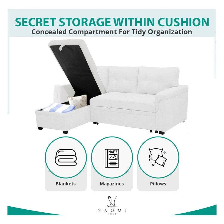Reversible Sectional Sofa with Pull-Out Sleeper Bed, Hidden Storage Chaise, Durable Legs