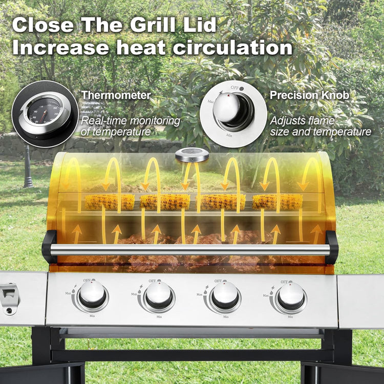 Upgraded 4 Burner BBQ Propane Gas Grill with Cast Iron Grates & Side Stove, 44,000 BTU Stainless Steel Burner Barbecue Grill for Patio, Camping