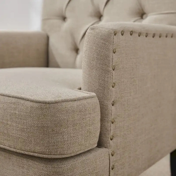 Set of 2 Arm Chair Upholstered Button Tufted Accent Chair with Lumbar Pillow Beige/Grey/Light Blue