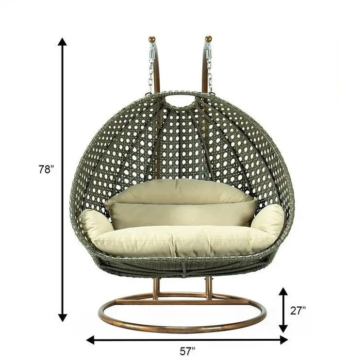Leisuremod 2 Person Hanging Egg Chair with Stand - Outdoor/Indoor Rattan Wicker Patio Swing Hammock Lounger with Cushions