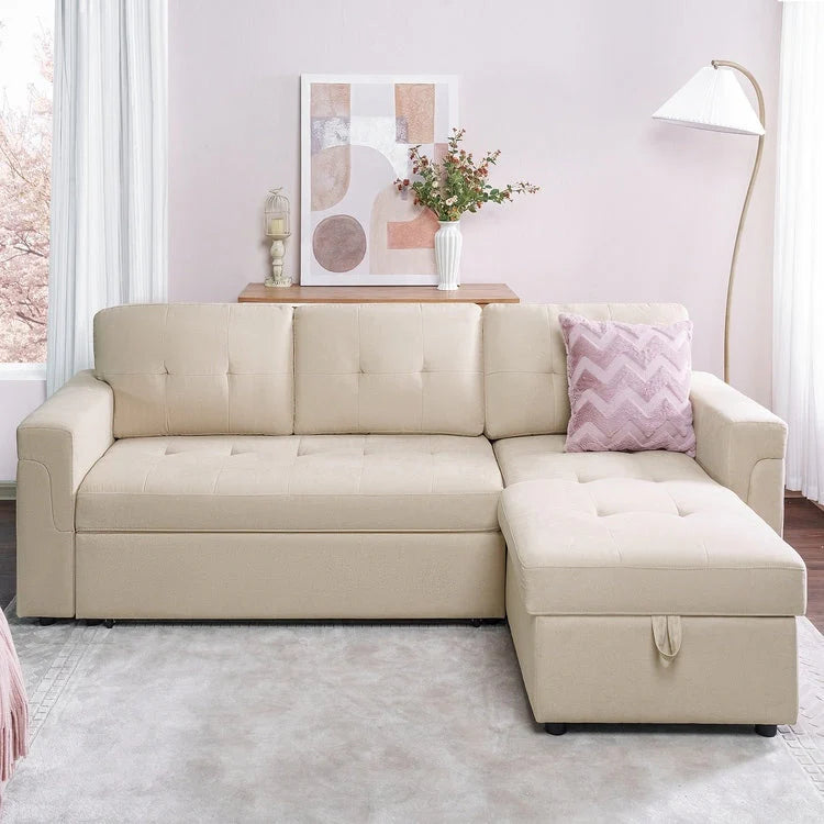 Reversible Sectional Sofa with Pull-Out Sleeper Bed, Hidden Storage Chaise, Durable Legs