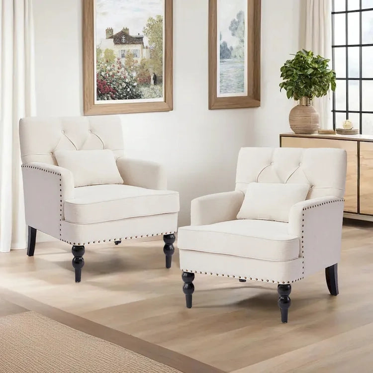 Set of 2 Arm Chair Upholstered Button Tufted Accent Chair with Lumbar Pillow Beige/Grey/Light Blue