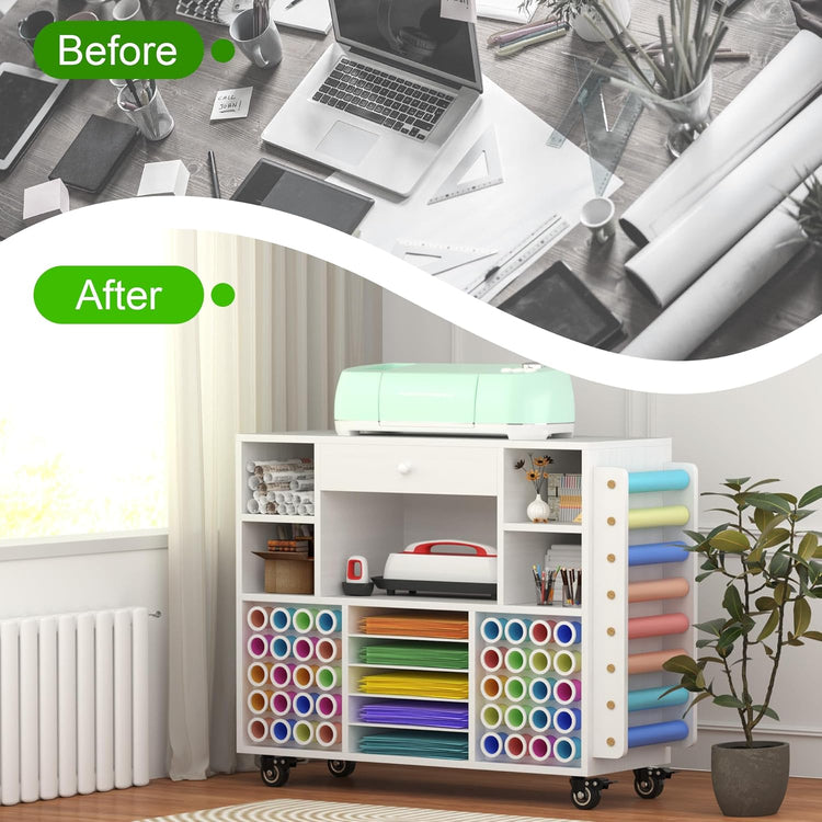Craft Organization and Storage Cart Compatible with Cricut Machine, Rolling Craft Organizer with Large Drawer & 48 Vinyl Roll Holder
