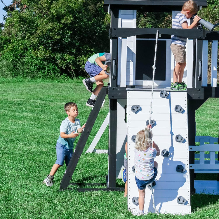 Canyon Creek Cedar Wood Swing Set with Wave Slide, Clubhouse, Play Kitchen, Picnic Area, Belt Swings, Web Swing, Rock Wall, Balconies, Playhouse