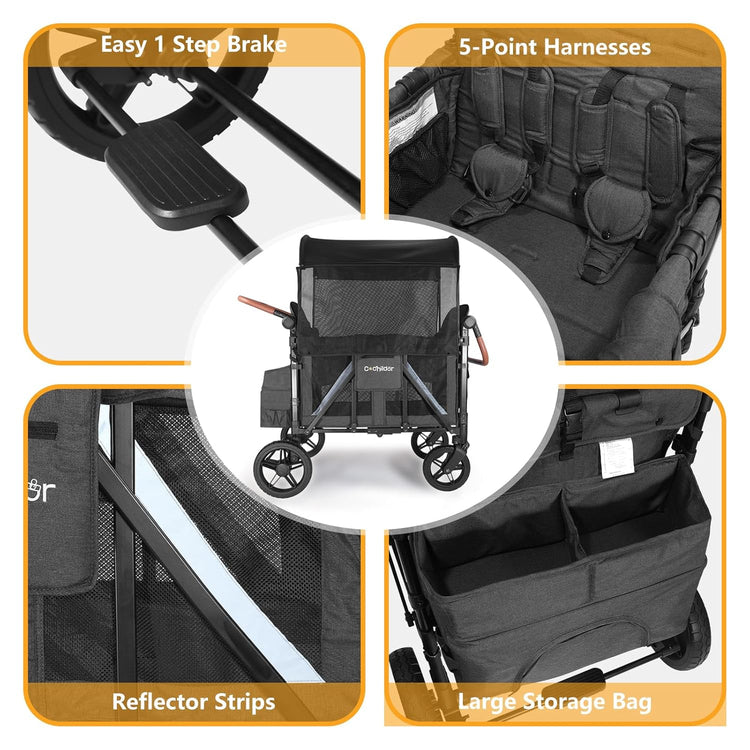 All-Terrain 4 Seater Wagon Stroller for Kids - Heavy-Duty 300lb Capacity, One-Hand Fold Design, High Seats with 5-Point Harness