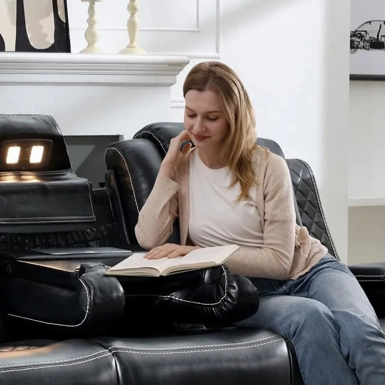 Power Reclining Sofa with Wireless Charger, Reading Light for Living Room, Faux Leather LED Light, Ac/usb Port, Cup Holder, Black