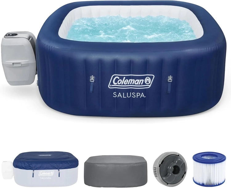 Coleman Saluspa Atlantis Airjet 4 to 6 Person Inflatable Hot Tub Square Portable Outdoor Spa with 140 Soothing Jets with Cover, Blue
