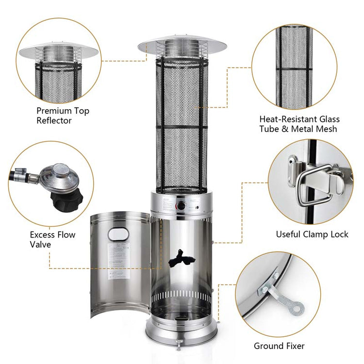 41000 BTU Standing Propane Patio Heater with Wheels, Stainless Steel Round Glass Tube Gas Outdoor Heater