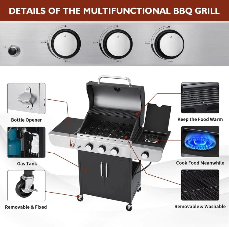 Upgraded 4 Burner BBQ Propane Gas Grill with Cast Iron Grates & Side Stove, 44,000 BTU Stainless Steel Burner Barbecue Grill for Patio, Camping