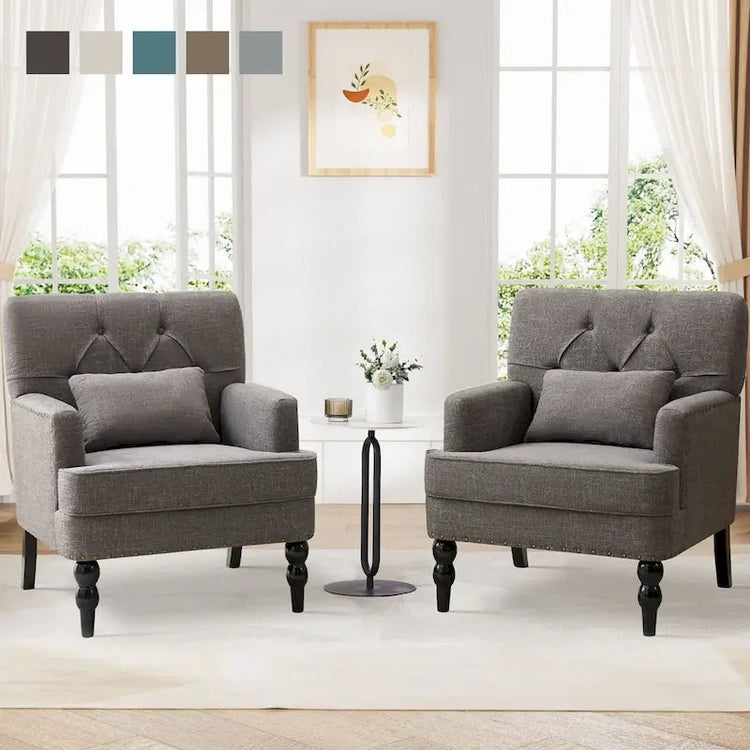 Set of 2 Arm Chair Upholstered Button Tufted Accent Chair with Lumbar Pillow Beige/Grey/Light Blue