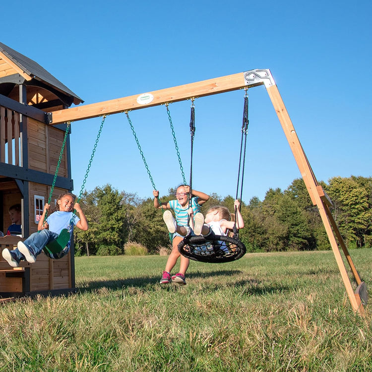 Canyon Creek Cedar Wood Swing Set with Wave Slide, Clubhouse, Play Kitchen, Picnic Area, Belt Swings, Web Swing, Rock Wall, Balconies, Playhouse