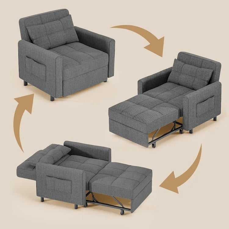 3-in-1 Pull-Out Sofa Bed Sleeper Chair, Convertible Adjustable Foldable Upholstered Lounge Couch