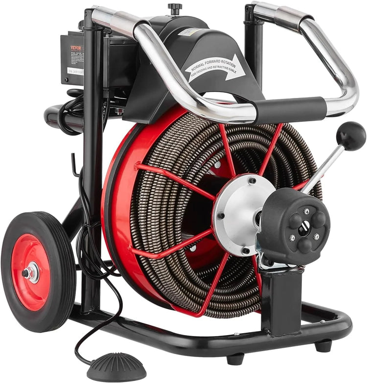Drain Cleaner Machine 100FT X 1/2 Inch, Auto Feed Sewer Snake Auger on Wheels, 550W Portable Drain Cleaning Machine
