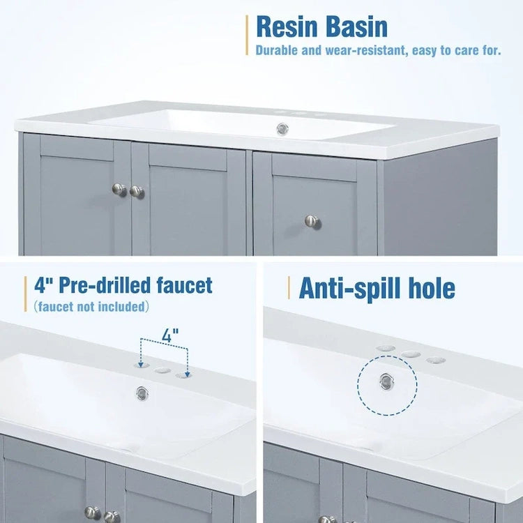 36 Inch Bathroom Vanity with USB Charging, Resin Sink, Solid Wood Frame, 3 Drawers Storage