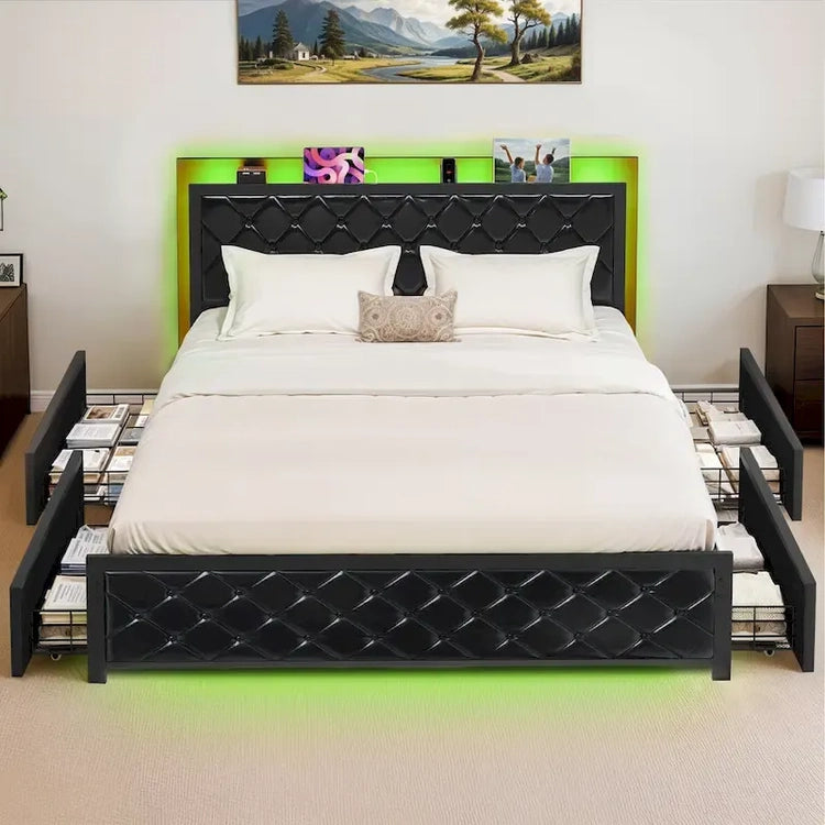 Moasis Queen Size Pu Bed Frame LED Upholstered Platform Bed Frame