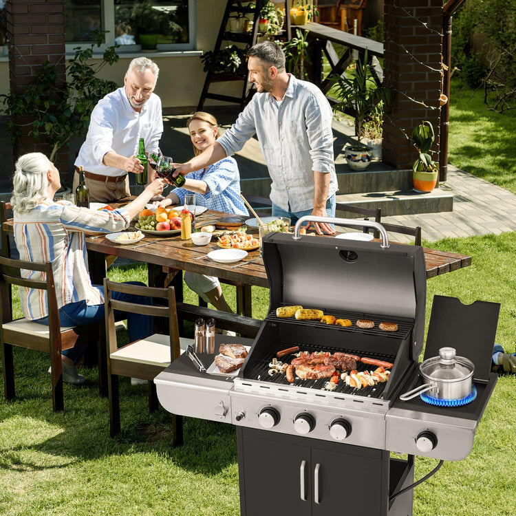 Upgraded 4 Burner BBQ Propane Gas Grill with Cast Iron Grates & Side Stove, 44,000 BTU Stainless Steel Burner Barbecue Grill for Patio, Camping