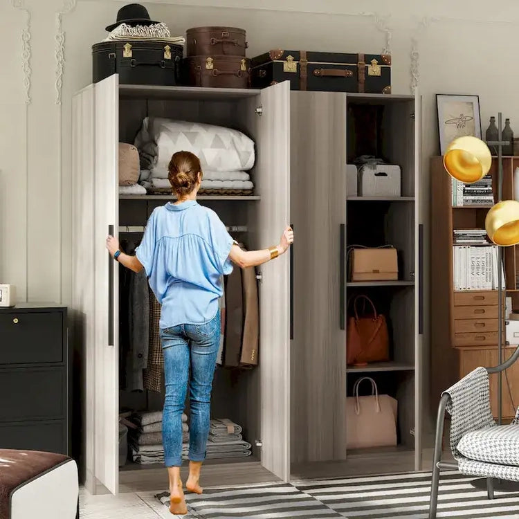Modern Freestanding Solid Wood Wardrobe Closet with Storage Shelves