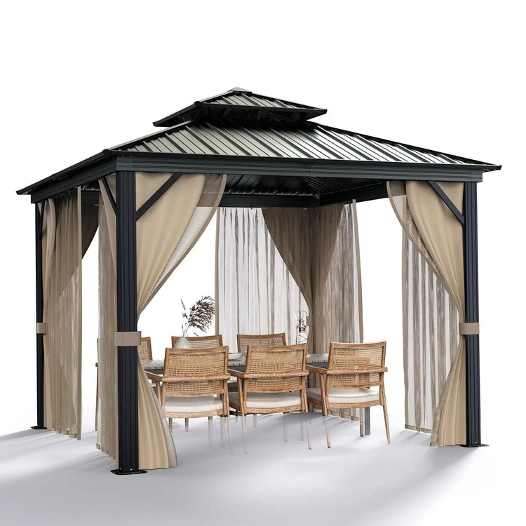 10x10 Hardtop Gazebo with Double Metal Roof, Aluminum Frame, Net, and Curtain. All-Weather, Ideal for Patio, Deck, Garden, Backyard. Khaki