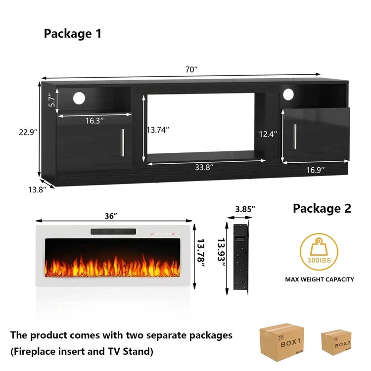 Bossin 70 Fireplace TV Stand with 36 Electric Fireplace, TV Stand for Tvs up to 80,16 Colors LED Lights/Entertainment Center