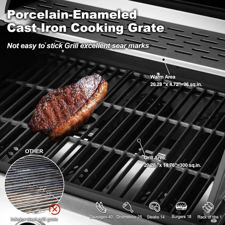 Upgraded 4 Burner BBQ Propane Gas Grill with Cast Iron Grates & Side Stove, 44,000 BTU Stainless Steel Burner Barbecue Grill for Patio, Camping