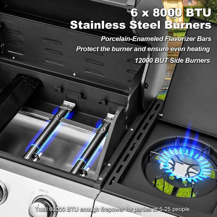 Upgraded 4 Burner BBQ Propane Gas Grill with Cast Iron Grates & Side Stove, 44,000 BTU Stainless Steel Burner Barbecue Grill for Patio, Camping
