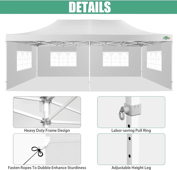 Cobizi 10x20 Heavy Duty Pop up Canopy Tent with 6 Sidewalls Easy up Commercial Outdoor Canopy Wedding Party Tents